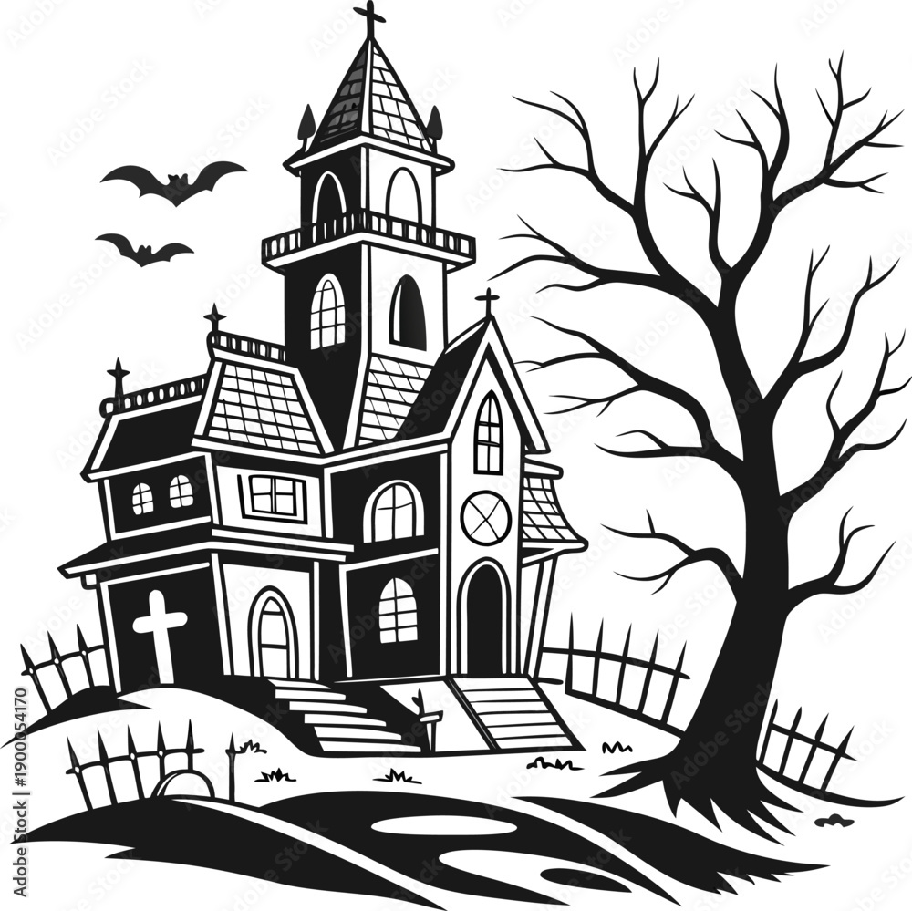 Fototapeta premium Scary haunted house with graveyard fence and full moon background icon
