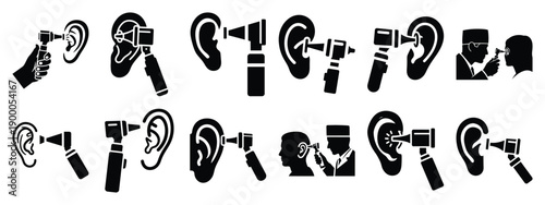 Minimalist black silhouette icon set of a ear examination . simple black flat vector style for medical and fitness icons concept.