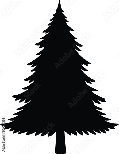 Fir tree silhouette illustration, evergreen pine nature symbol, black vector Christmas tree icon, forest plant design isolated white background artwork