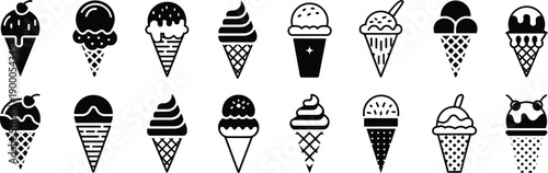Black and white of various ice cream cones and sundaes dessert