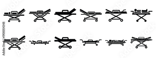 Minimalist black silhouette icon set of a emergency stretcher . simple black flat vector style for medical and fitness icons concept.