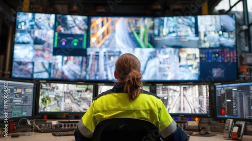 Caucasian female in control room overseeing multiple surveillance monitors