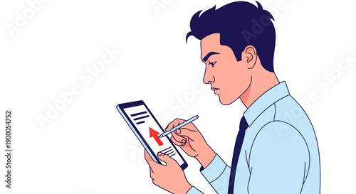 Business Professional Using Stylus on Digital Tablet with Upward Arrow Icon. Analyzing Progress, Data Growth, and Mobile Technology Trends.