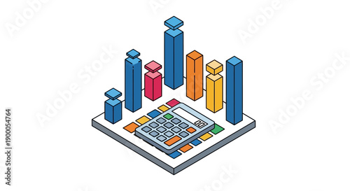 Isometric Finance Calculation and Data Analysis. Business Accounting, Statistics, and Financial Report Bar Graph Illustration.