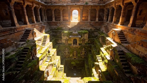 Ancient stone well with stairs and statues
