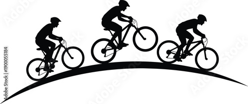 Mountain biker silhouettes riding trail jumps, cycling adventure sport concept, downhill bike action, outdoor fitness illustration, black vector design artwork