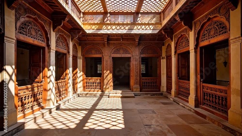 Intricate wooden architecture in a courtyard
