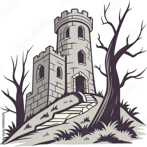 Stone tower on grassy hill with staircase and dead tree vector art