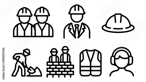 A set of construction worker icons in a minimalist line art style