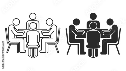 A minimalist vector graphic illustration of people sitting at a meeting table