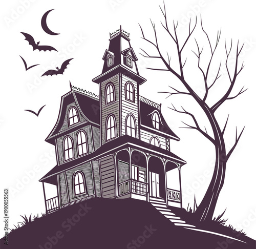 Spooky haunted mansion with bats and crescent moon vector design art