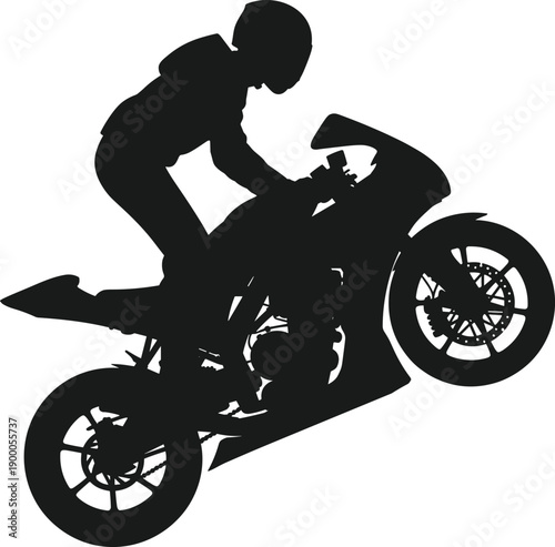 WebDynamic Silhouette of a Motorcycle Stunt Rider Performing a High-Energy Wheelie, Representing Extreme Action, Adrenaline, Power Sports, and Motorcycling Thrills Concept.