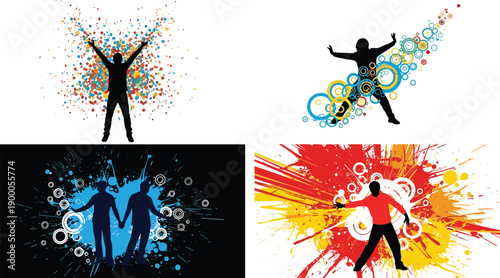 WebDynamic Silhouette Collection of Energetic People Jumping and Dancing with Abstract Colorful Paint Splatter Grunge Elements and Creative Geometric Circle Background Patterns for Design