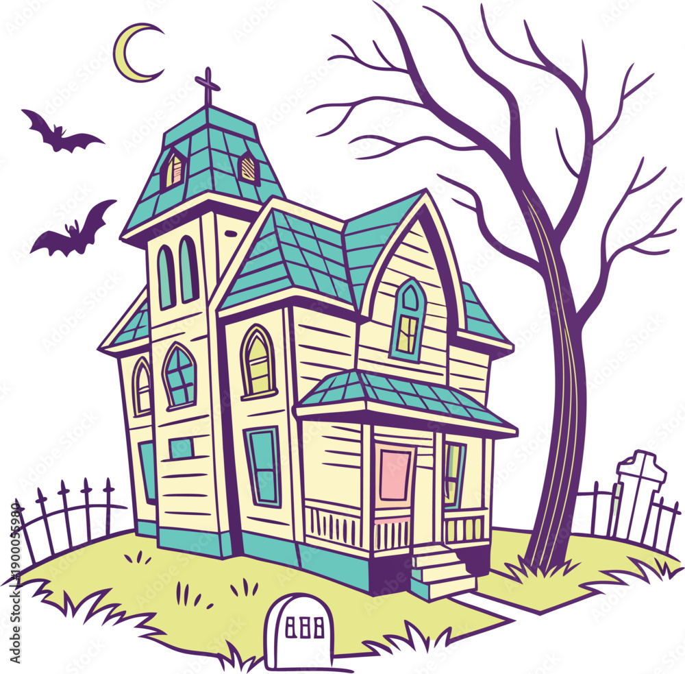 Fototapeta premium Haunted victorian house with bats and moon, spooky graveyard scene design