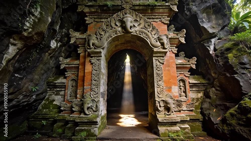 ornate stone archway in rocky cave