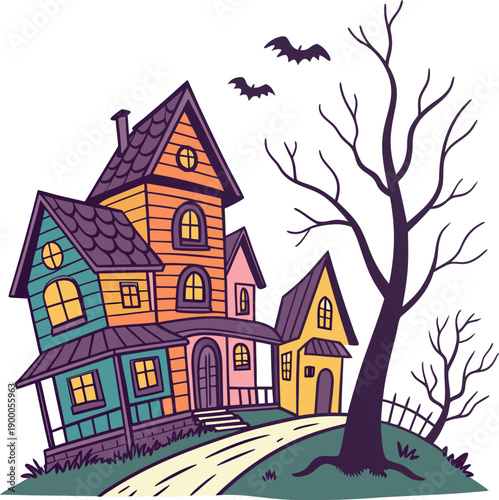 Spooky haunted house with bats and bare tree on transparent background