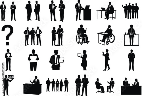 Black silhouettes of business people working communicating standing sitting white