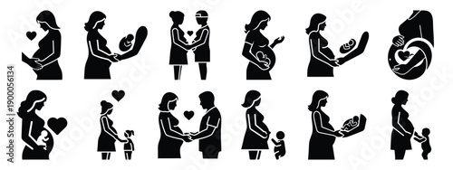 Minimalist black silhouette icon set of a maternity care . simple black flat vector style for medical and fitness icons concept.