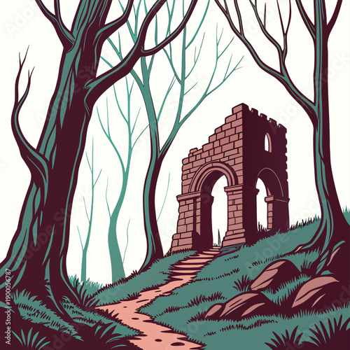 Old ruins of stone archway in deep forest with tall trees and path