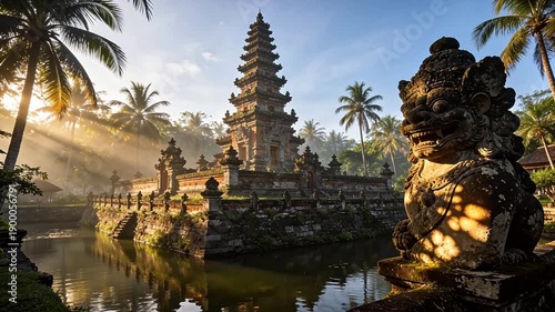 Temple with stone statue and palm trees