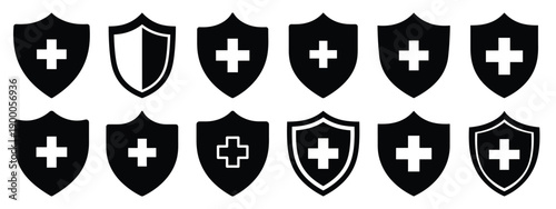 Minimalist black silhouette icon set of a medical shield . simple black flat vector style for medical and fitness icons concept.