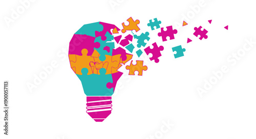 Creative Idea Explosion: Light bulb formed by dissolving puzzle pieces, symbolizing innovation, breakthrough, problem solving, and complex thought processes.
