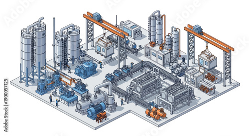 Isometric illustration of a modern industrial factory complex with various machinery, tanks, and processing units.