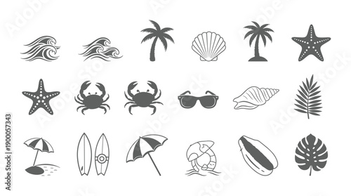 Grey seaside shell crab and summer vacation silhouette icon set
