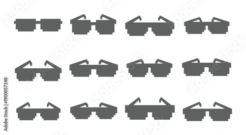 Pixelated sunglasses silhouette icon set arranged in a grid