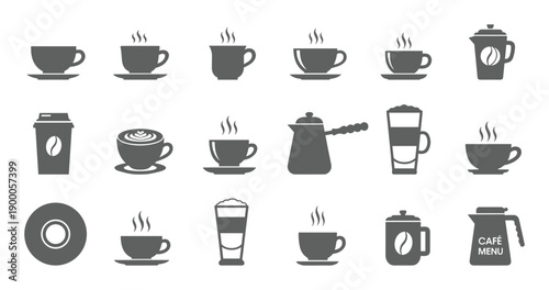Grey hot beverage and coffee related silhouette icon set
