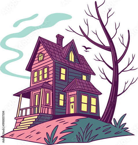 Scary old haunted house with smoke and a spooky tree and flying bird