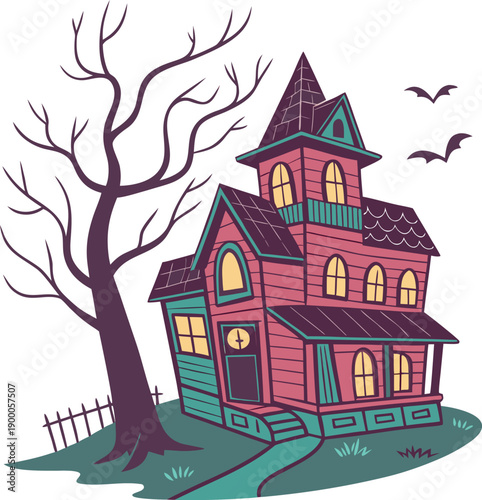 Old haunted house on hill next to tree with bats in sky halloween concept