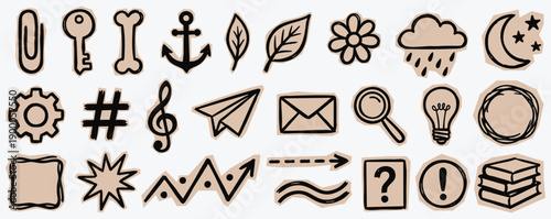 Hand drawn doodle icon set with various office, nature and abstract symbols on torn paper. A vector collection for creating scrapbooking elements, journal stickers, and creative projects.