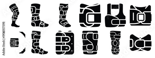 Minimalist black silhouette icon set of a orthopedic brace . simple black flat vector style for medical and fitness icons concept.