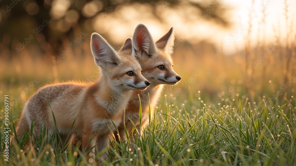 Fototapeta premium Two young foxes standing in a green meadow during golden hour. Wildlife portrait of fox kits in tall grass with backlit sunlight. Nature and animal concept