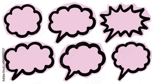 Pink comic speech bubbles set with bold black outlines in a simple, flat cartoon style. A vector illustration collection for creating cute dialogue, social media stickers and pop art designs.
