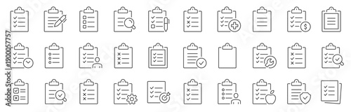 Clipboard and checklist with check boxes thin line icons set. Editable stroke. Vector illustration