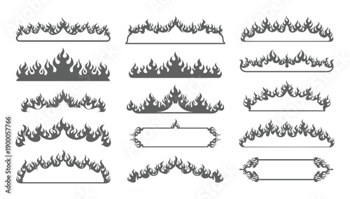 Grey flame decorative border and frame silhouette elements set