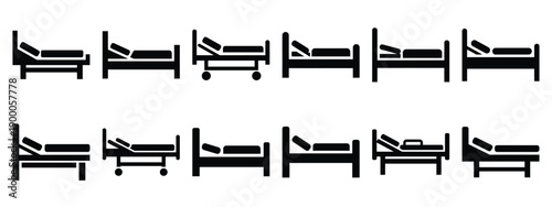Minimalist black silhouette icon set of a patient bed . simple black flat vector style for medical and fitness icons concept.