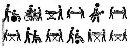 Minimalist black silhouette icon set of a patient transfer . simple black flat vector style for medical and fitness icons concept.
