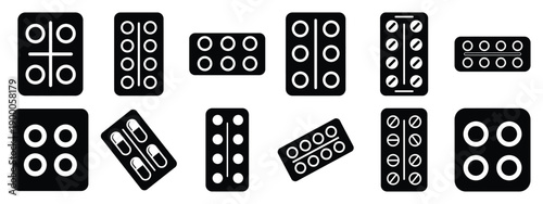 Minimalist black silhouette icon set of a pill blister pack . simple black flat vector style for medical and fitness icons concept.