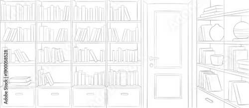 Bookshelves with books and door in a library room bookshelf