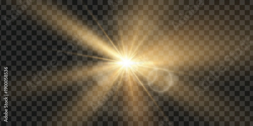 Vector transparent light beams. Light png. Special flash light effect. Glowing sunbeams effect, bright sun or spotlight beams. Decor element isolated on transparent background.