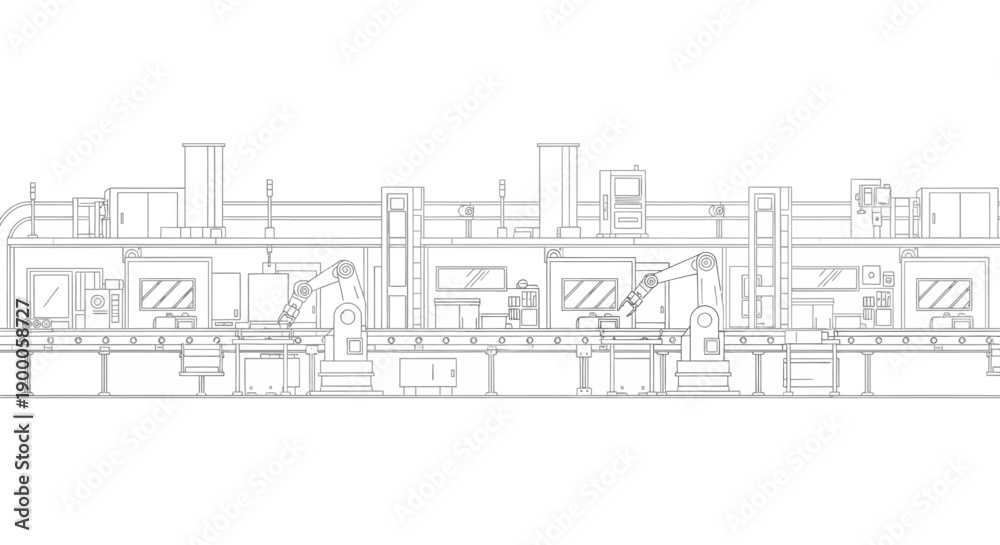 Obraz premium Detailed schematic illustration of an automated industrial manufacturing production line with robotic arms and machinery.