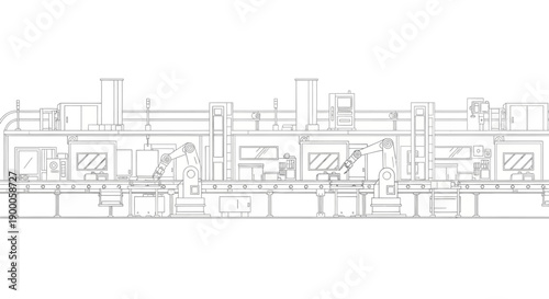 Detailed schematic illustration of an automated industrial manufacturing production line with robotic arms and machinery.