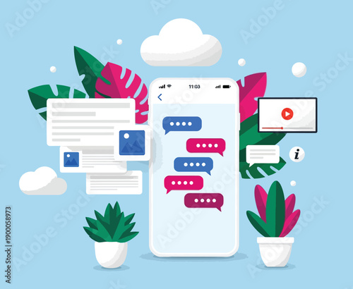 Smartphone screen displays colorful chat bubbles, set against a backdrop of abstract leaves. Surrounding icons suggest video and information sharing.