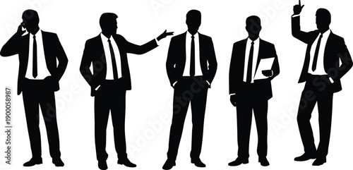 Five black silhouettes of businessmen in suits and ties on white background
