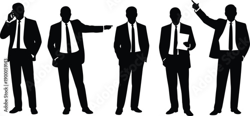 Five black silhouettes of businessmen in suits on white background