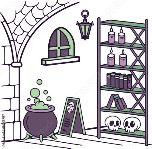 Witch room interior with bubbling cauldron, skulls, books and spider web