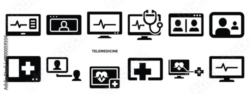 Minimalist black silhouette icon set of a telemedicine screen . simple black flat vector style for medical and fitness icons concept.